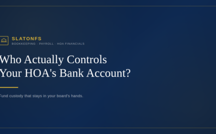 Illustration of a locked bank account document representing HOA board control over association funds, Slaton Financial branding