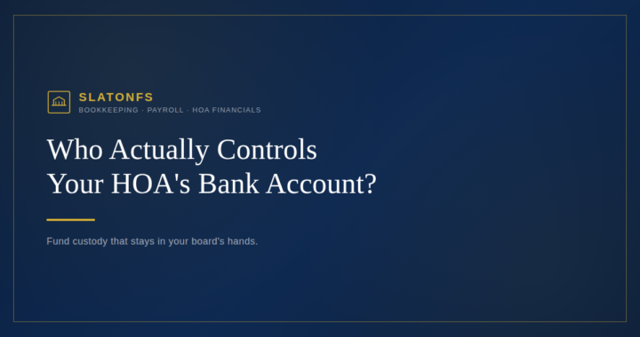 Illustration of a locked bank account document representing HOA board control over association funds, Slaton Financial branding