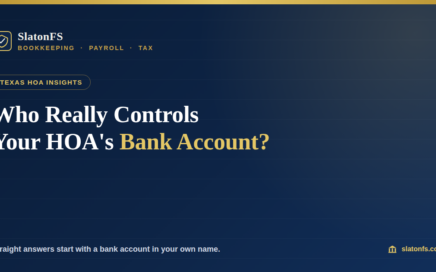 Slaton Financial graphic asking who controls your HOA's bank account, with navy and gold branding